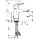 Hansgrohe Einhebel-Waschtischmischer in Chrom mit Zugstangen-Ablaufgarnitur. Abgebildet ist eine technische Zeichnung mit Maßen und Anschlussdetails.